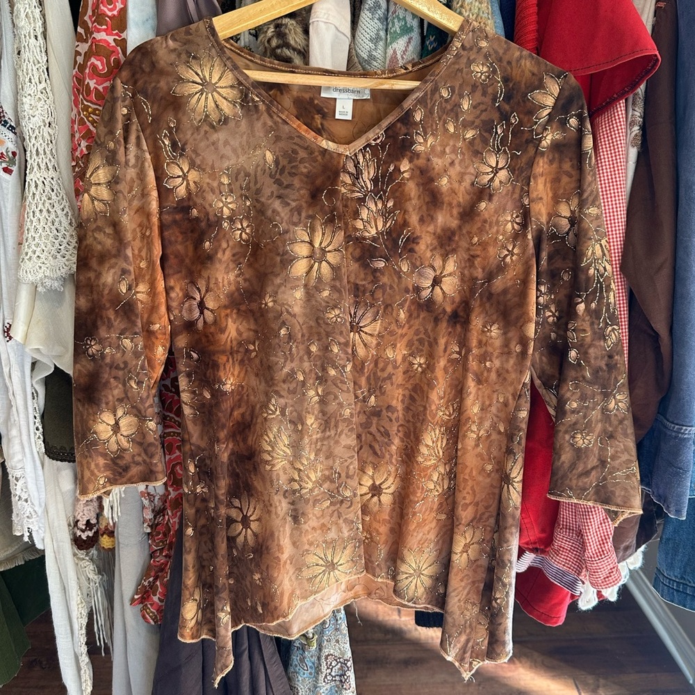 Dressbarn Brown Floral Metallic Top – Boho Burnout Style Asymmetrical Hem Blouse